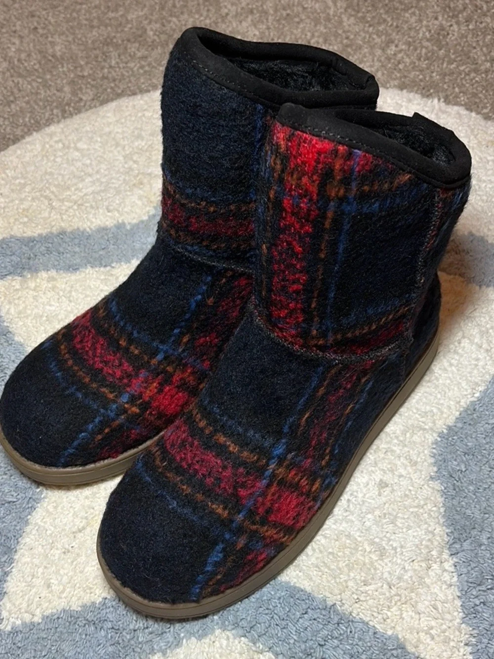 Indigo Plaid Winter Boots - Black, Red & Blue Accents